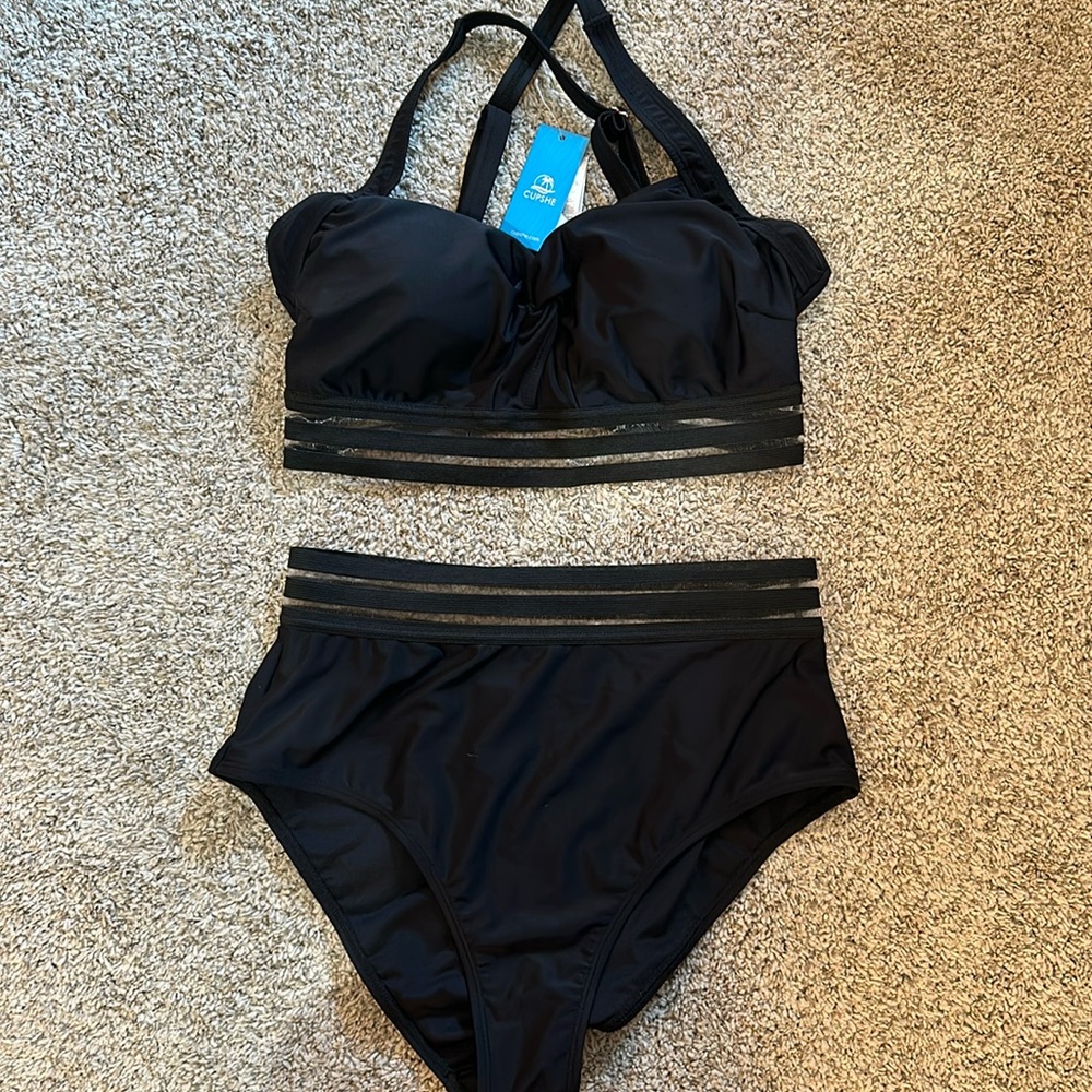 Mesh Striped Twisted Cutout Top & High Waist Bikini Set